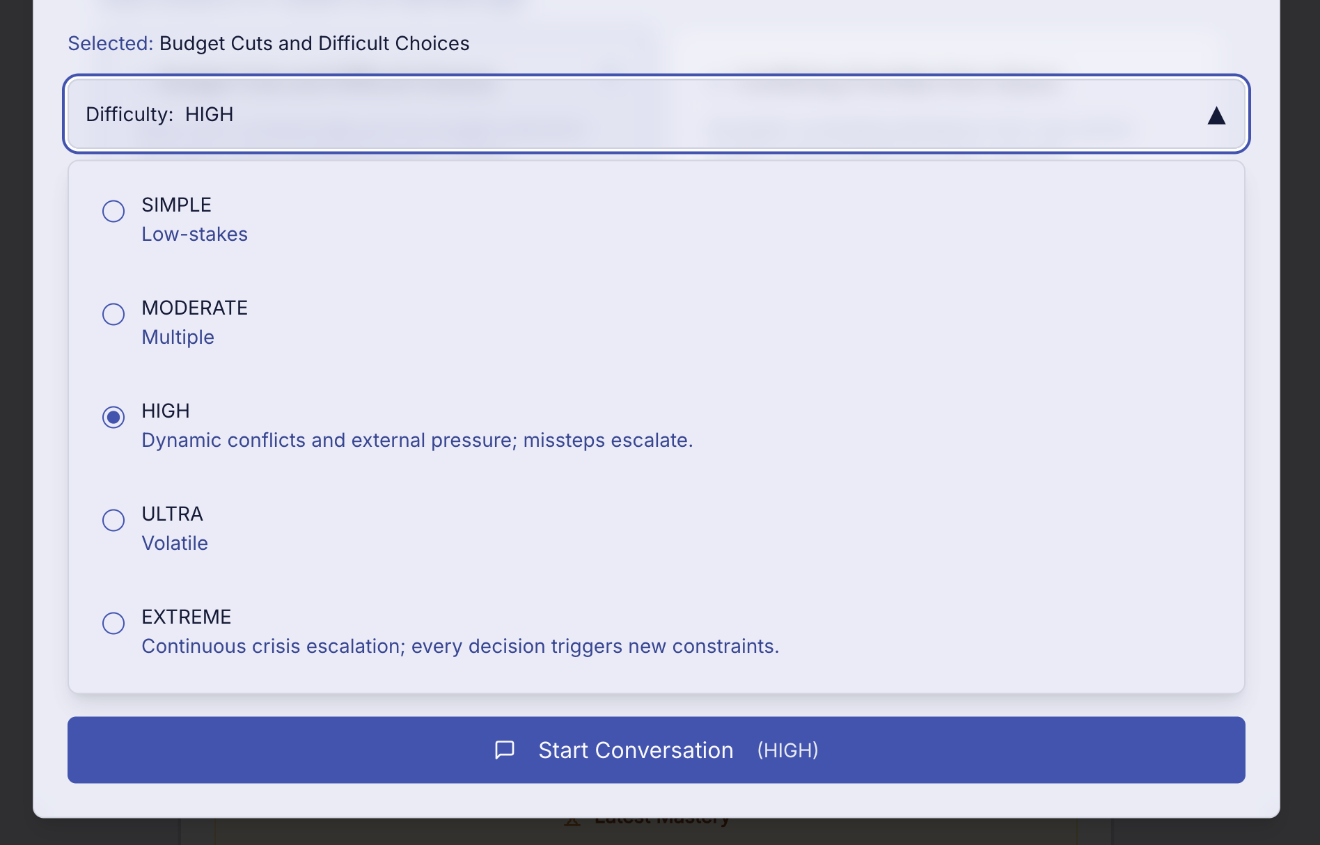 Difficulty selection showing five levels from Simple to Extreme with detailed descriptions