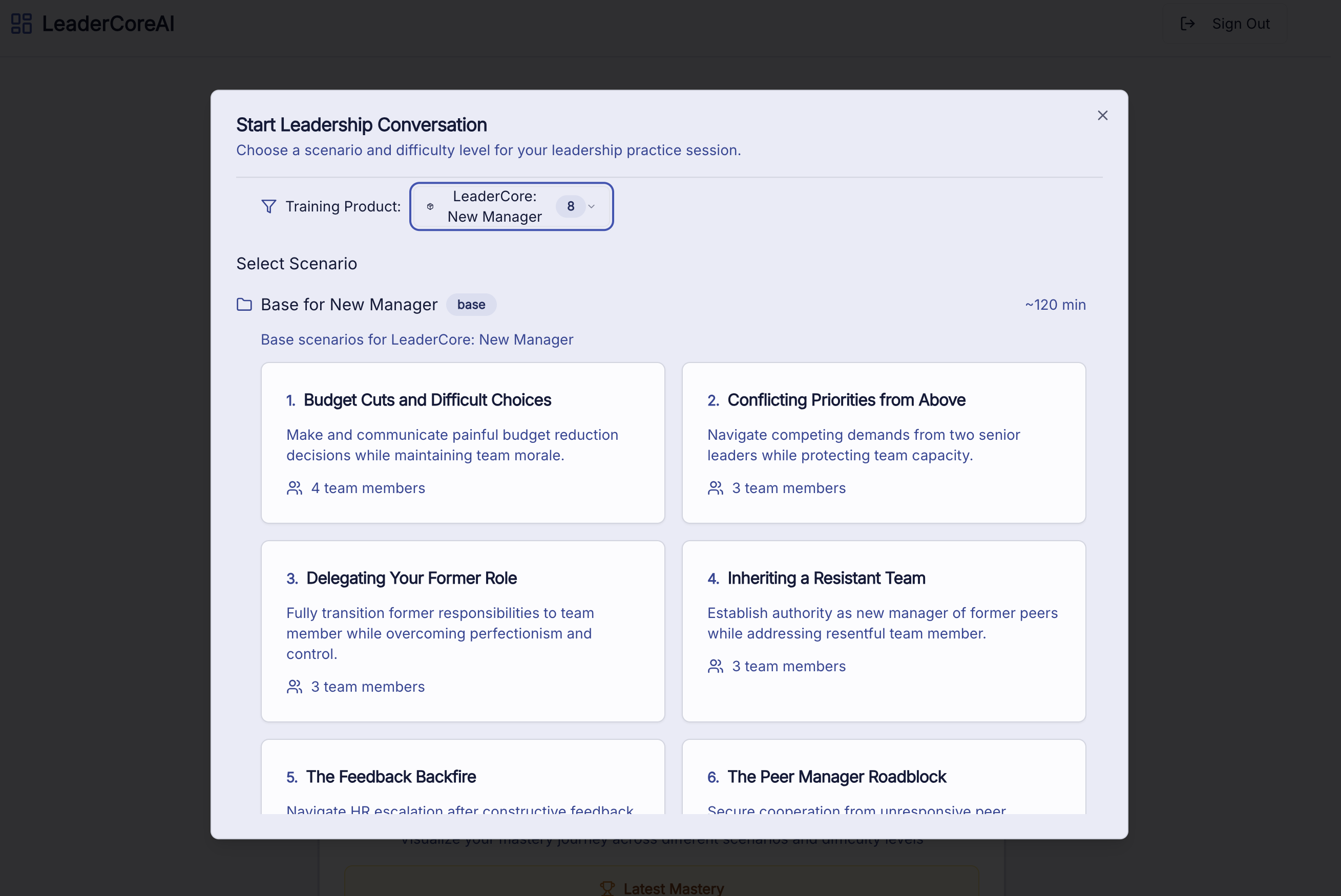 Scenario selection screen showing various leadership challenges including budget cuts, conflicting priorities, and team management