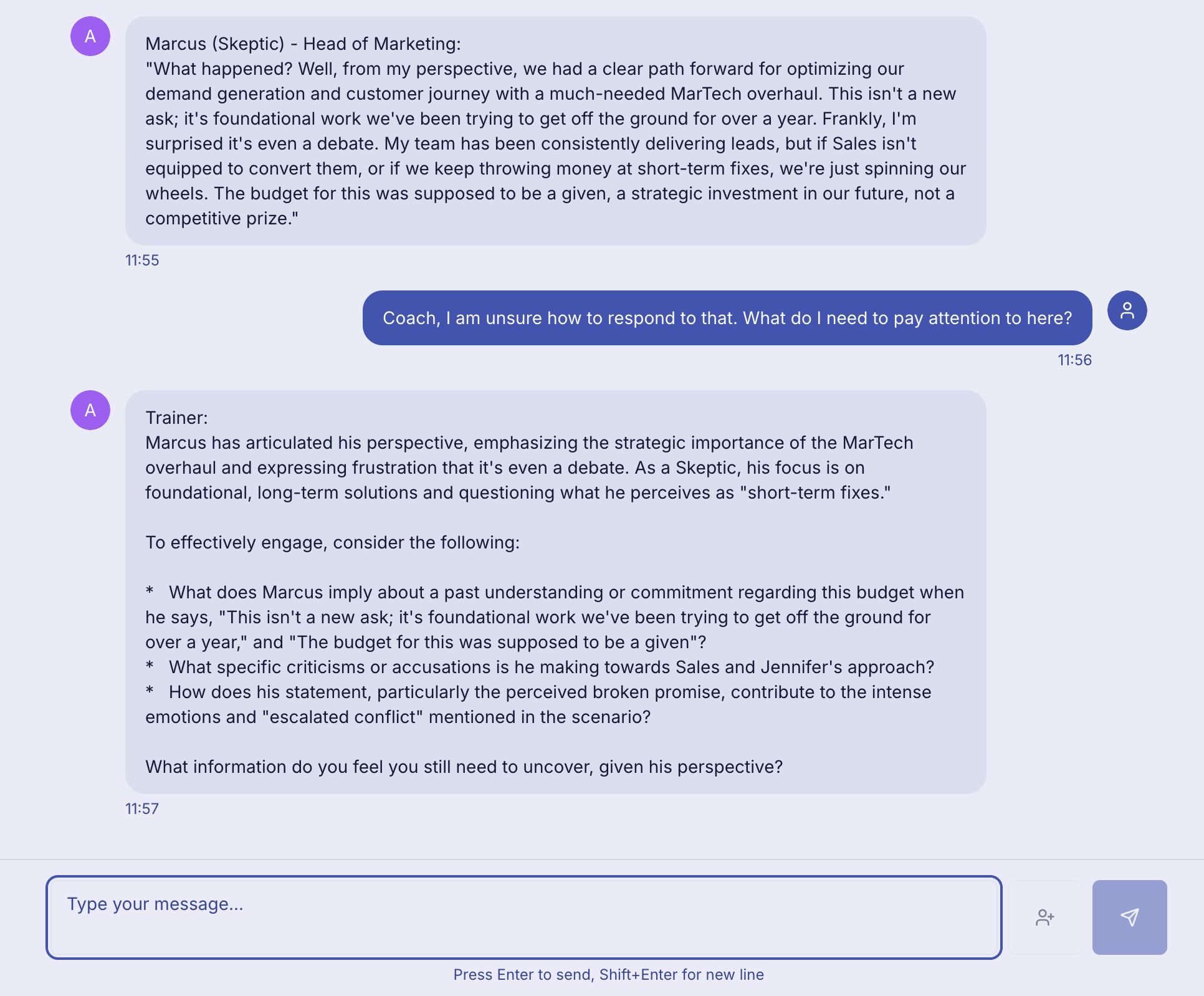 AI coaching interface providing real-time feedback and suggestions during a leadership conversation
