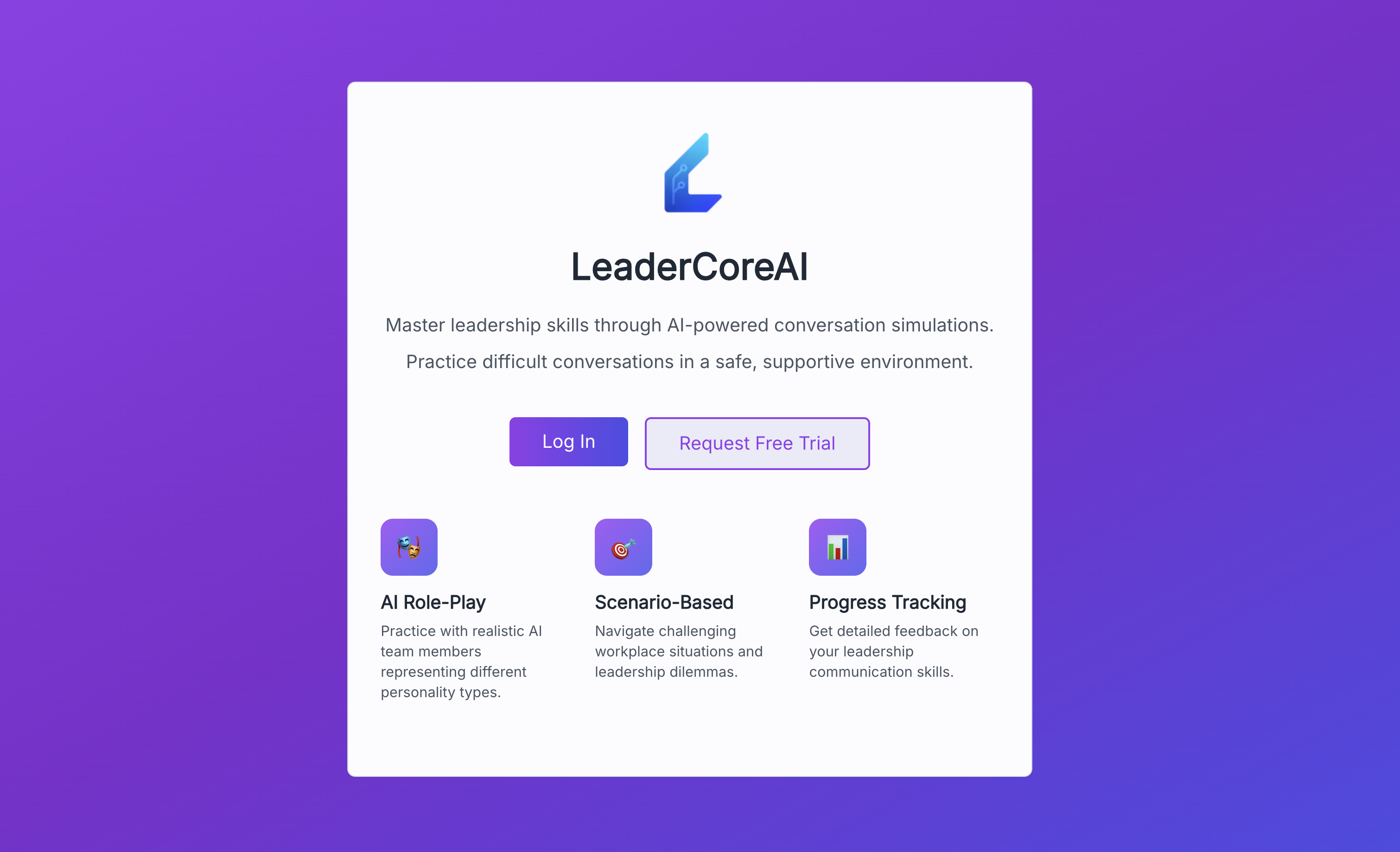 LeaderCoreAI login screen at app.leadercore.ai with options to log in or request a free trial