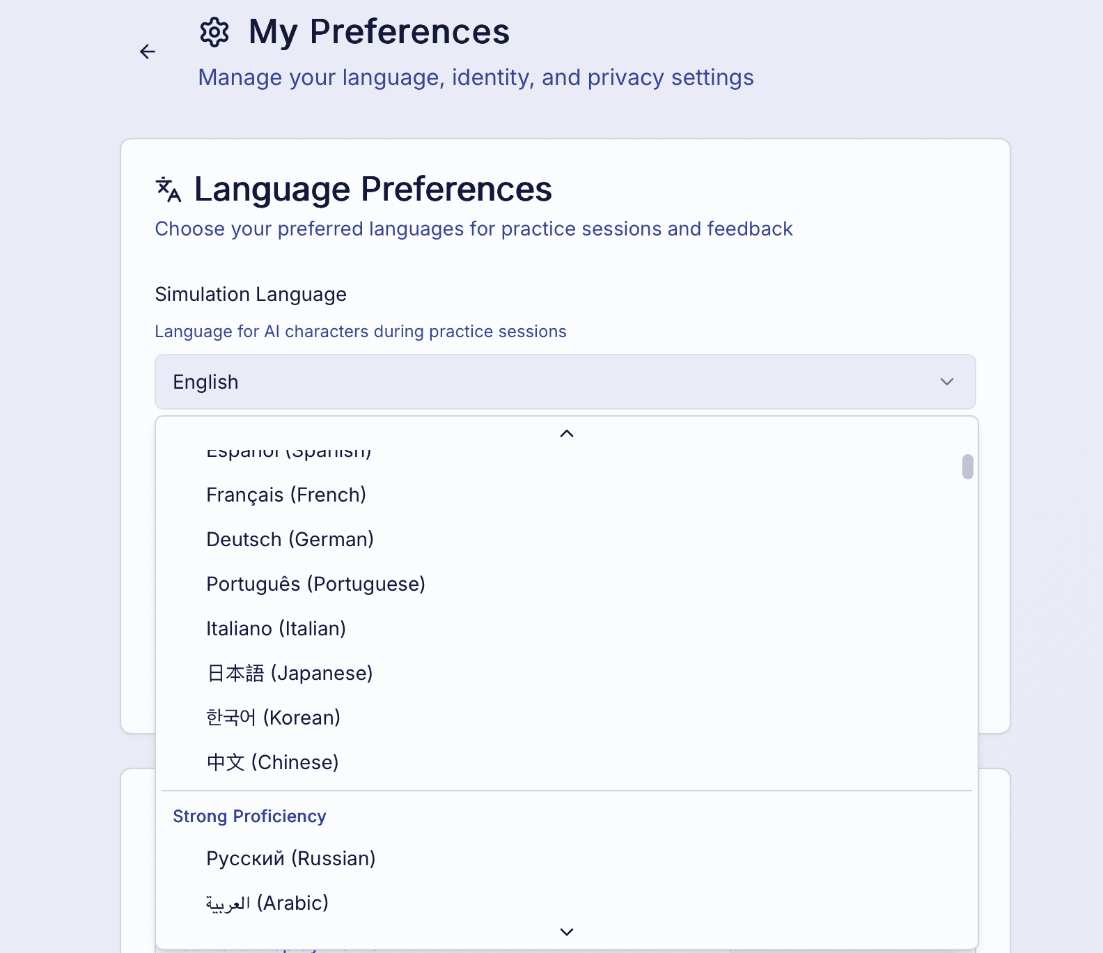 Multi-language support showing various language options for leadership practice